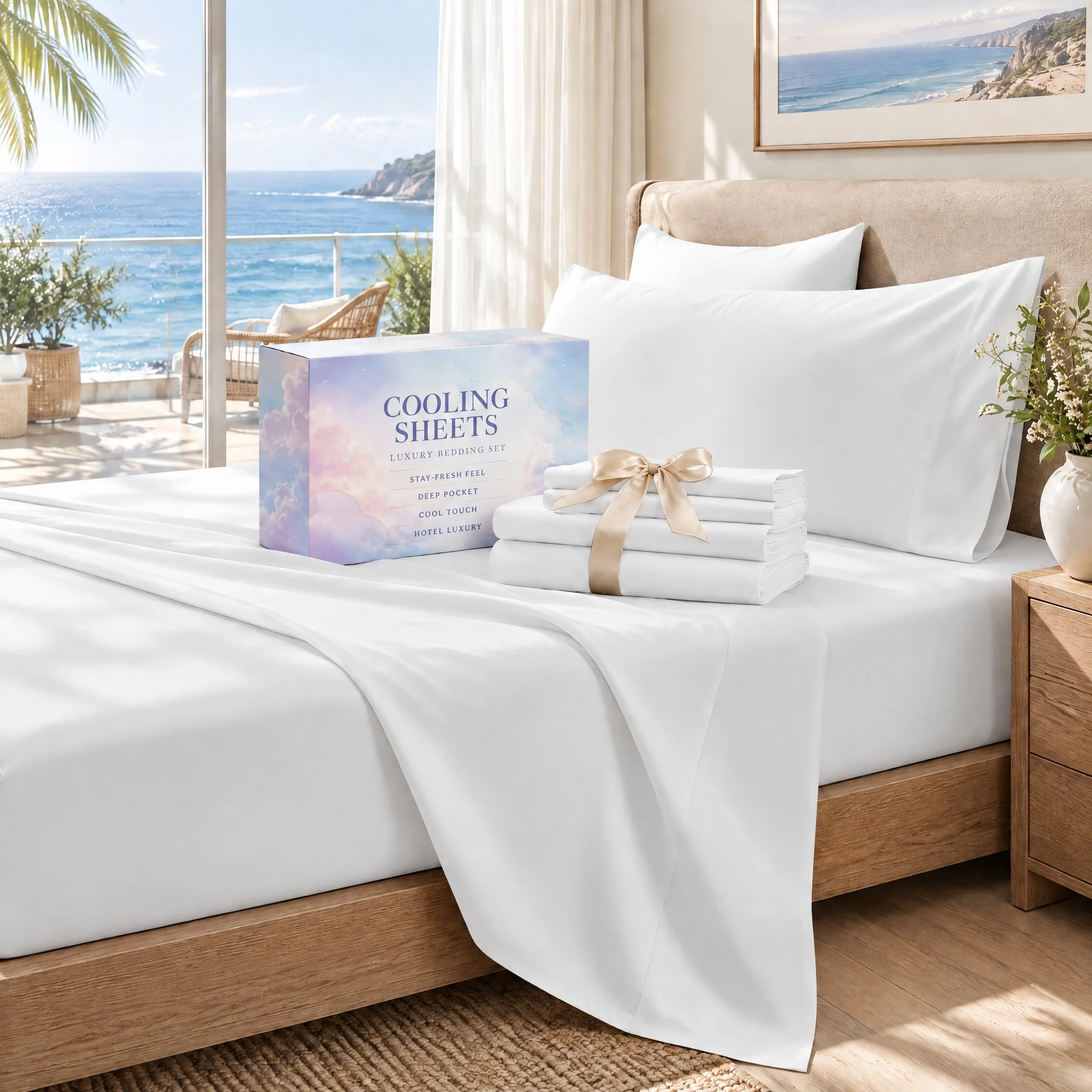 Ultra Soft Cooling Sheet Set, 4pcs Breathable Bedding with 16 Inch Deep Pocket Fitted Sheet, Flat Sheet & Pillowcases, Cozy for Hot Sleepers, Master Bedroom Decor，Twin/Full/Queen/King Size Optional