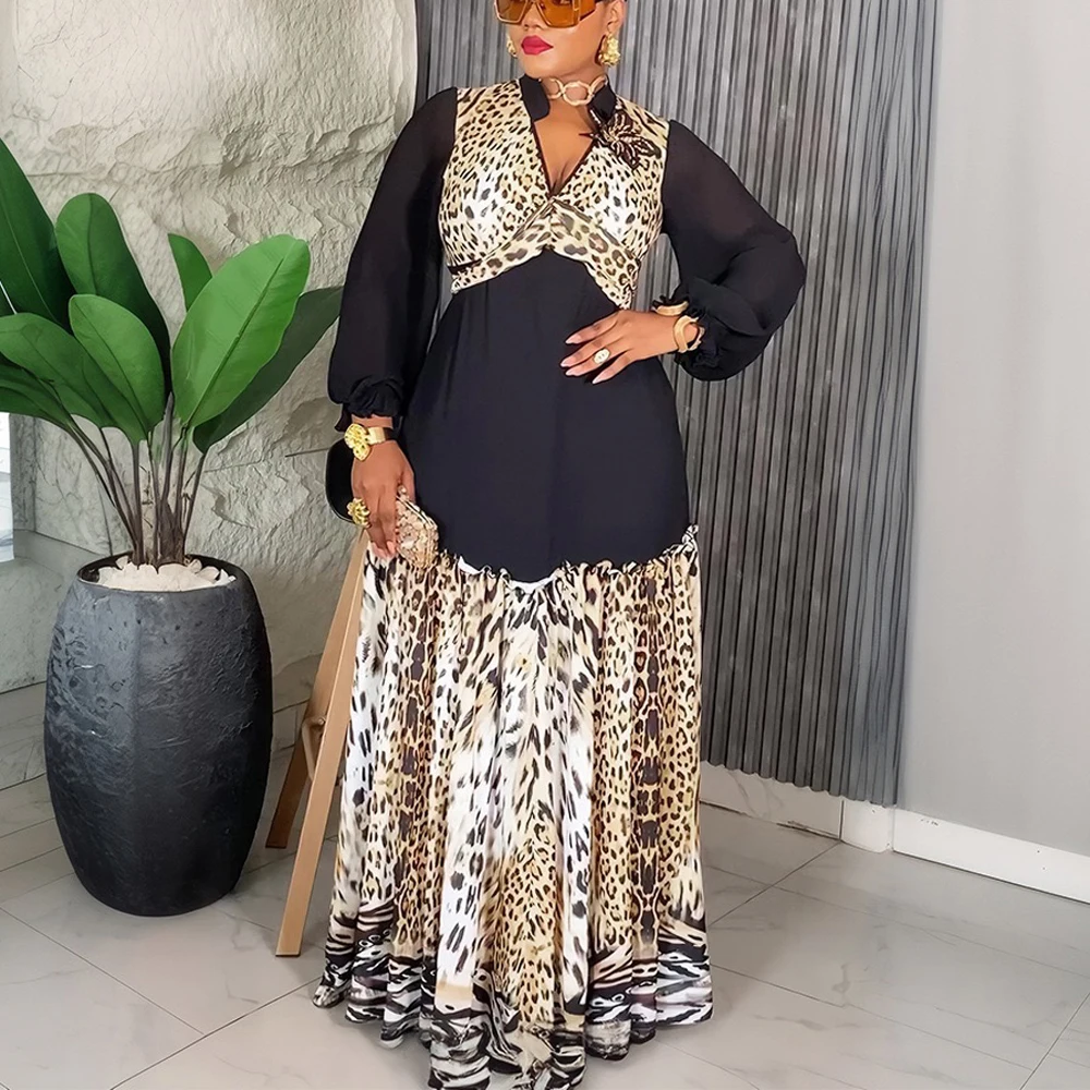

Plus Size African Dresses for Women 2025 New Leopard Patchwork Chiffon Fashion Dashiki Ankara Turkey Wedding Party Dress Maxi