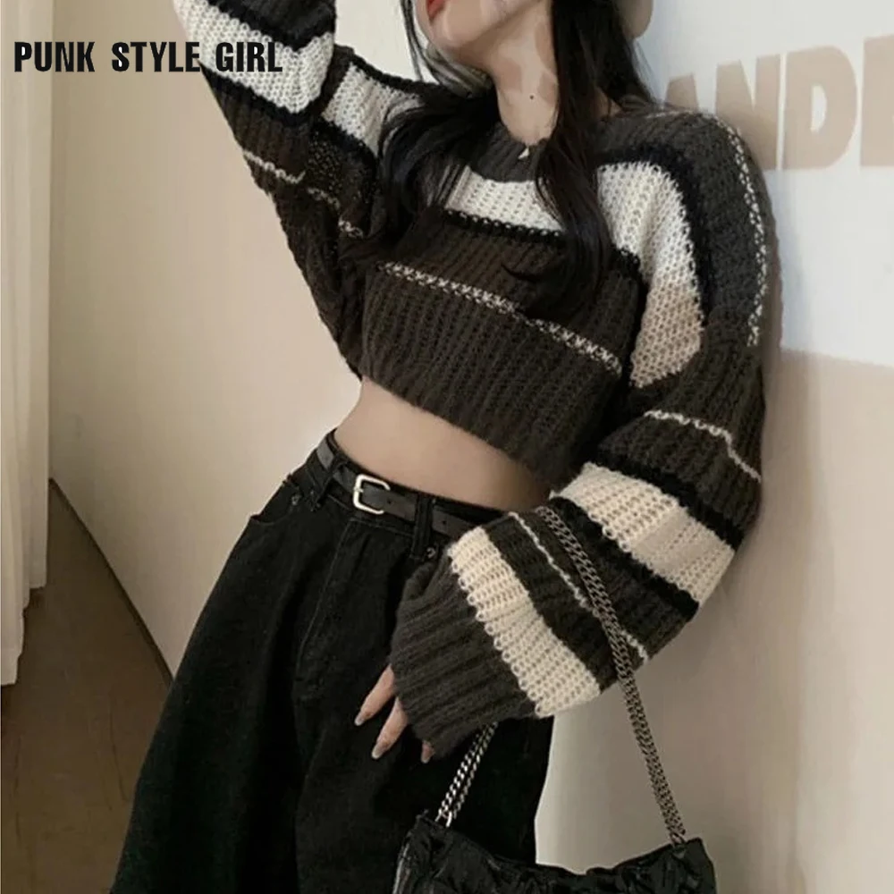 Kobiety Kpop Hippie Cropped Sweater Patchwork Harajuku Striped Streetwear Oversize Pullover Knitted Tops Korean Style Basic Jumper