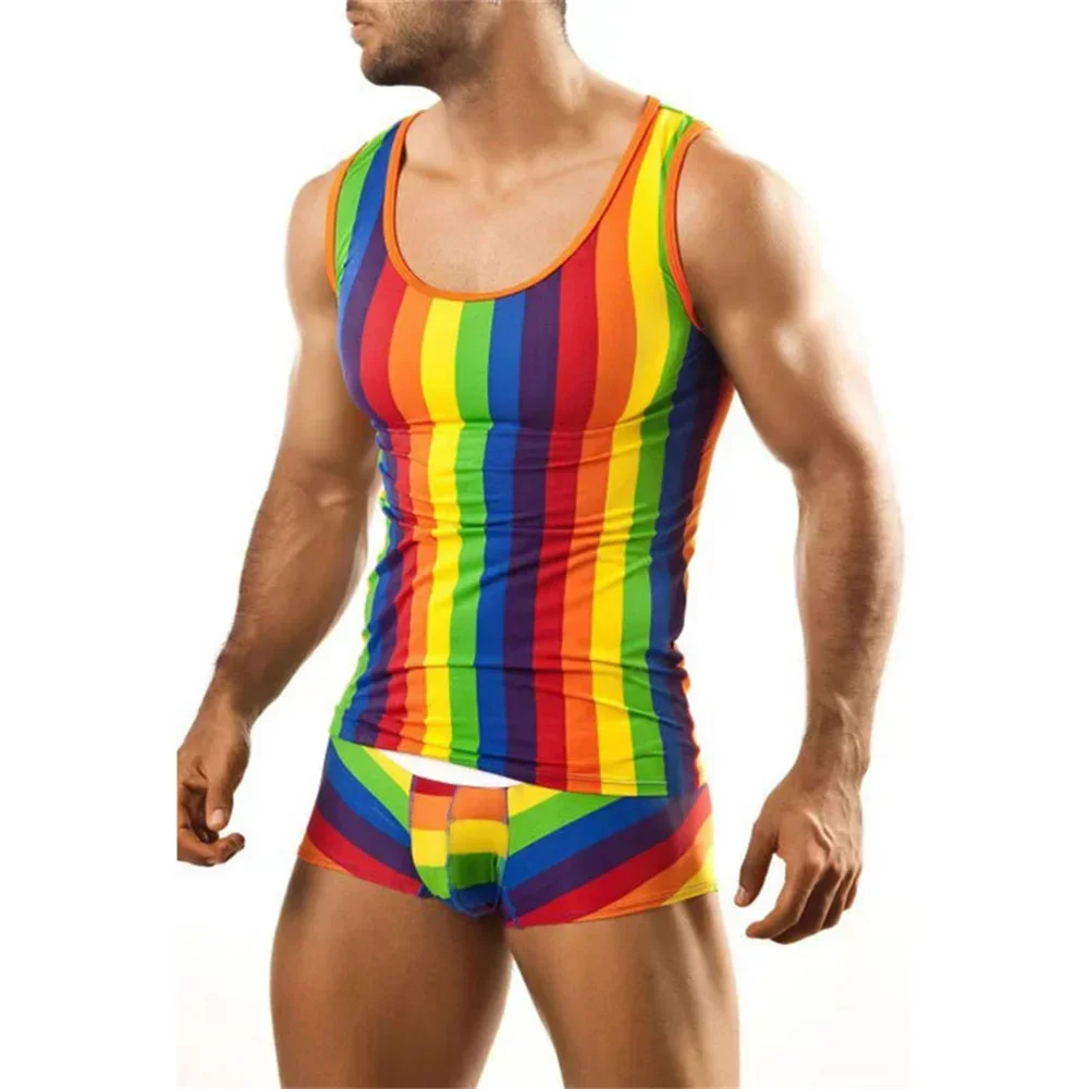 

Men's Sexy Pajamas Sets Rainbow Striped Printed Tank Tops Shorts Sets Muscle Vests Suits Men Sports Fitness Singlets Streetwear