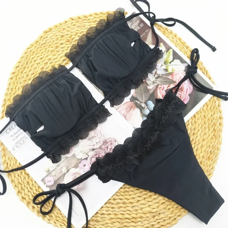 Conjuntos de Bikini 2025, traje de baño brillante, trajes de baño de Color sólido, trajes de playa para mujer, Bikini brasileño, traje de dos piezas triangular