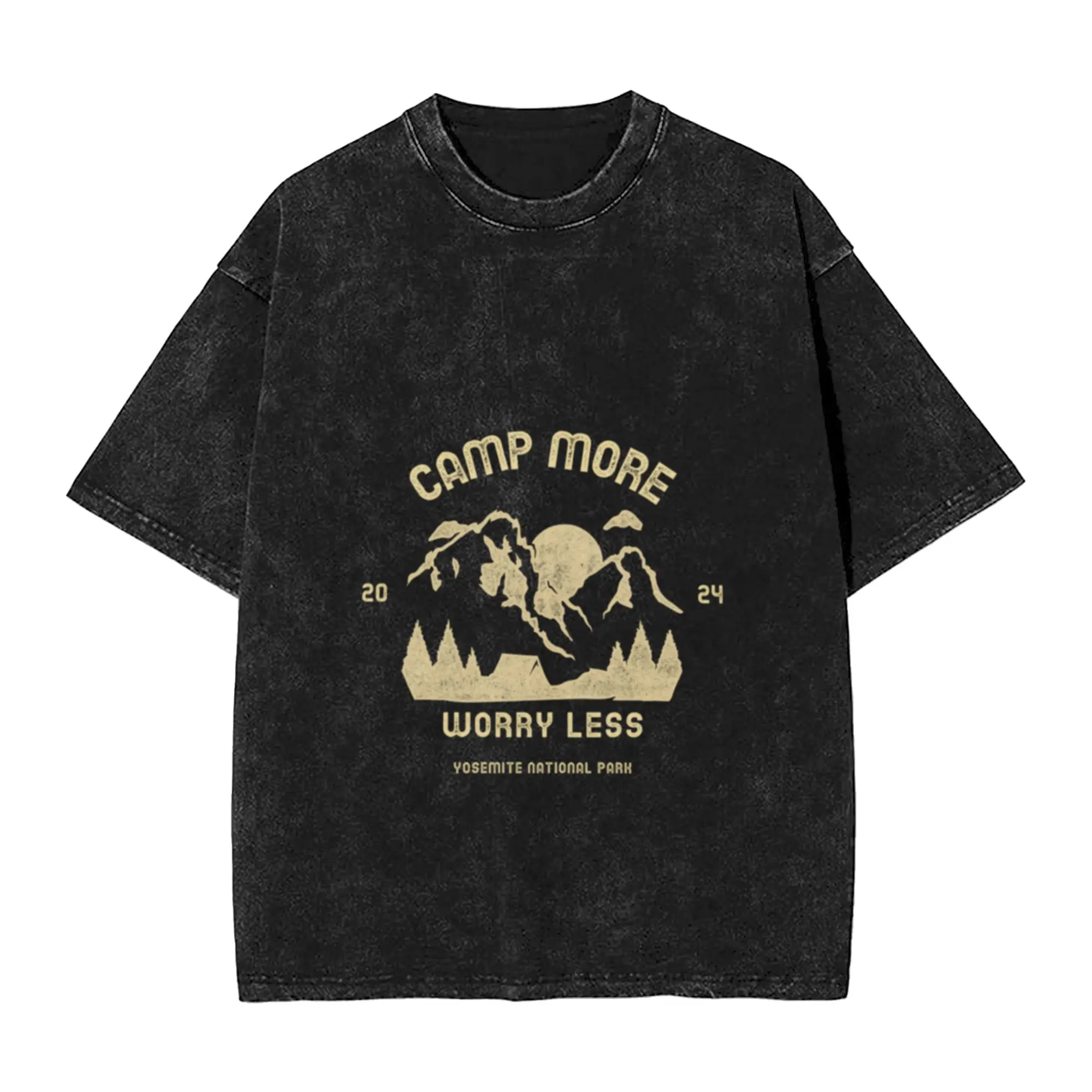 Camp More  Worry Less Classic Trendy A Washed T Shirt Men's Oversized Cotton Tees Tops