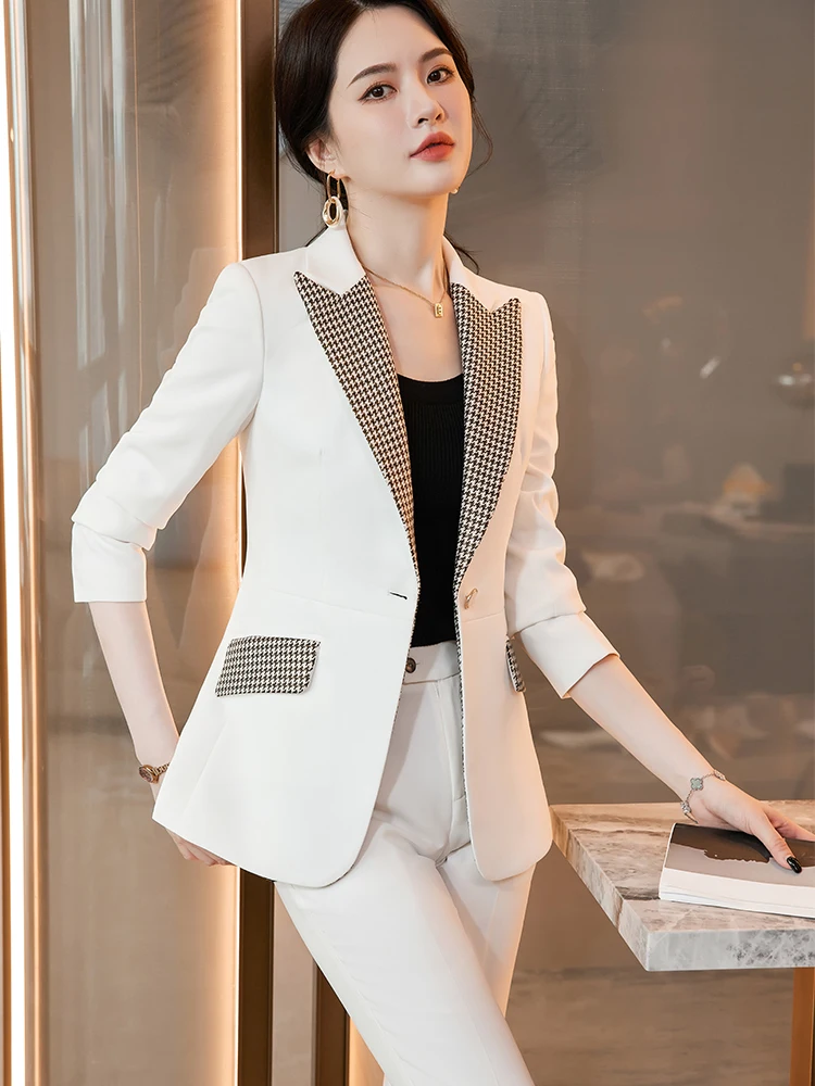 White Blue Black Plaid Women Pant Suit Blazer Ladies Formal Jacket And Trouser Female Autumn Winter Business Work 2 Piece Set