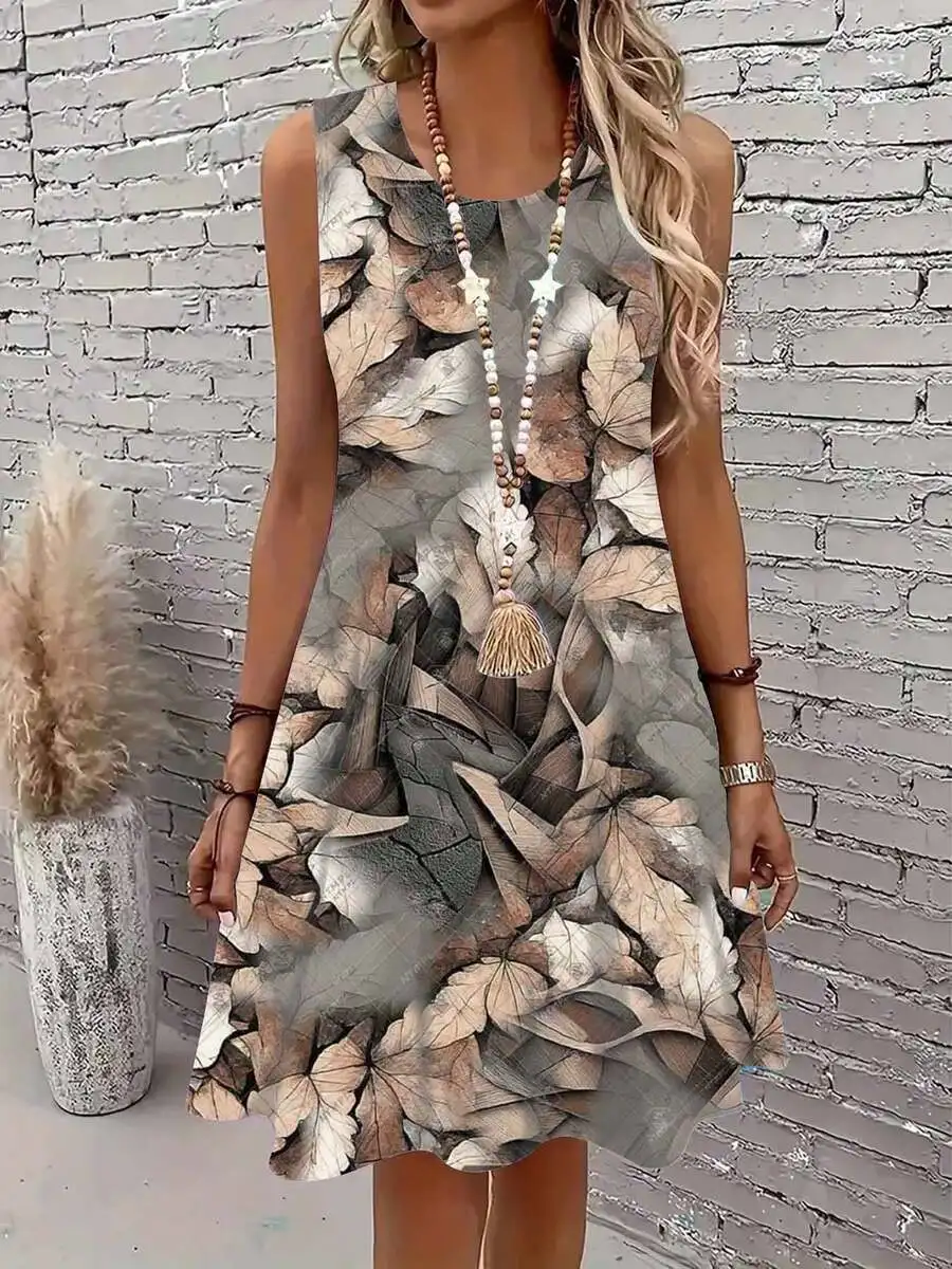 

Leaf Print Sleeveless Round Neck Loose Fit Dress For Women Casual Everyday Wear