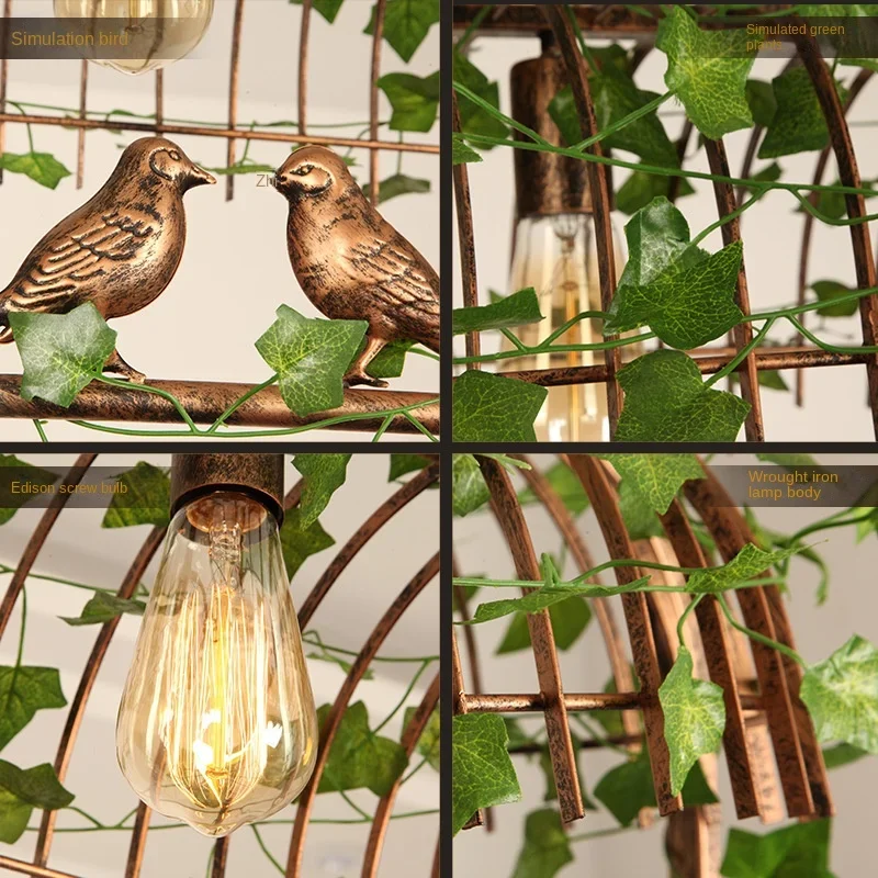 Retro Style Iron Bird Cage Green Leaf Decoration Chandelier for Restaurant Holl Bar Dining Table Garden  LED Lamps Indoor Decor