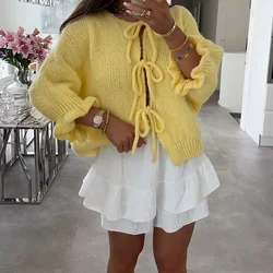 Sweet Yellow Hollow Out Knitted Cardigan For Women Round Neck Half Sleeve Fall Winter Lady All-match Knit Sweater Outwear