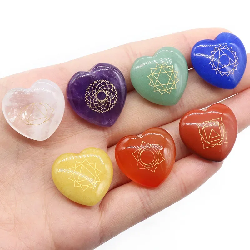 7pcs Natural Crystal Reiki Healing Heart Shaped Stone Engraved Holistic Balancing Chakra Symbols Set