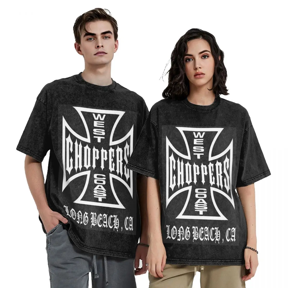 West Coast Iron Cross Choppers Washed T Shirts Harajuku Short Sleeve Hip Hop T-Shirt Streetwear Tops Tees for Men Women