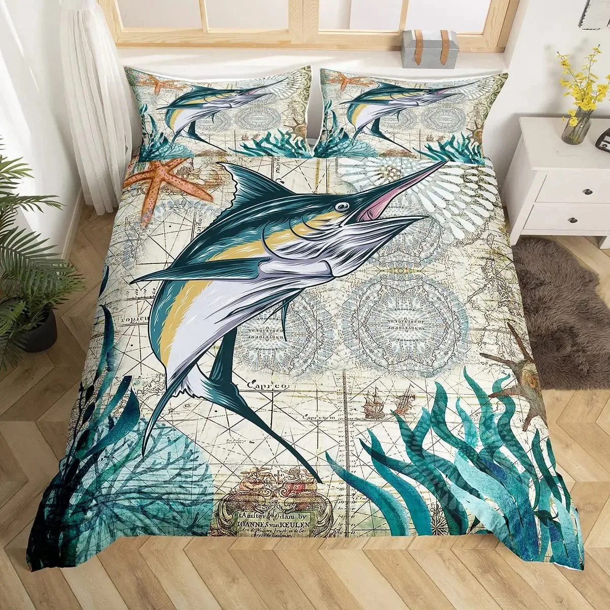 

Marlin Swordfish Duvet Cover Set Hunting Fishing Bedding Set Tie Dye Sea Fishing Boat Marine Life Nautical Comforter Cover Queen