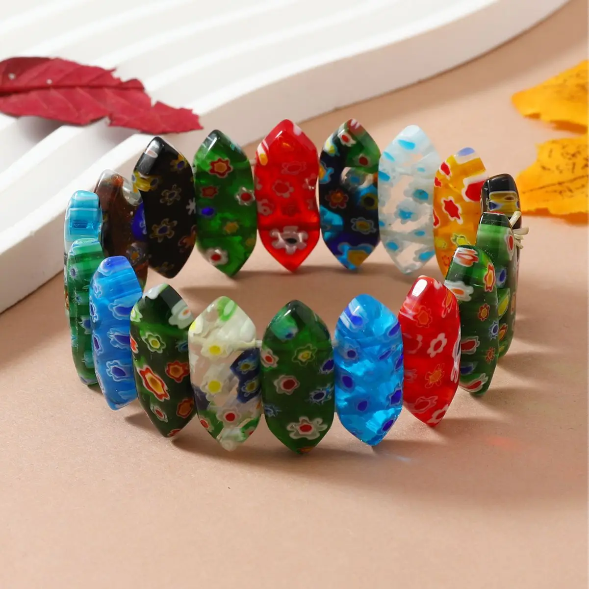 1PCS Wholesale Glass Flower Bracelets Retro Style Fresh Women's Handmade Thousand Flower Bracelets