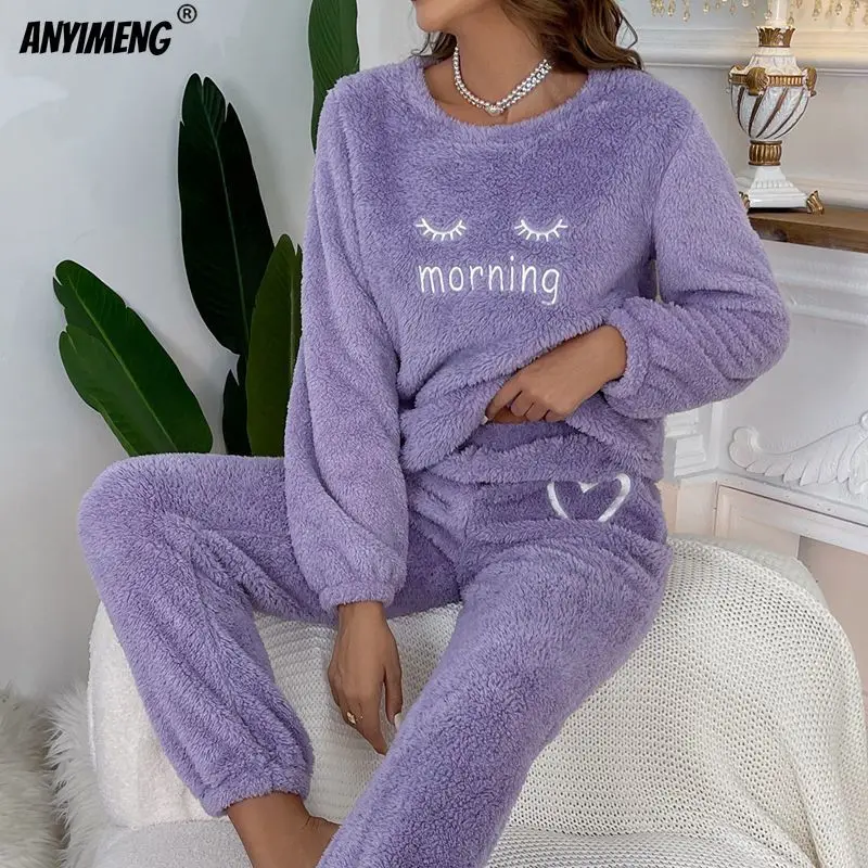 Fluffy Homewear Winter Woman Pajamas Set Pullover Lashes Sleepwear Casual Cozy Flannel Pijamas Cold Thermal Lady Lingerie Pyjama