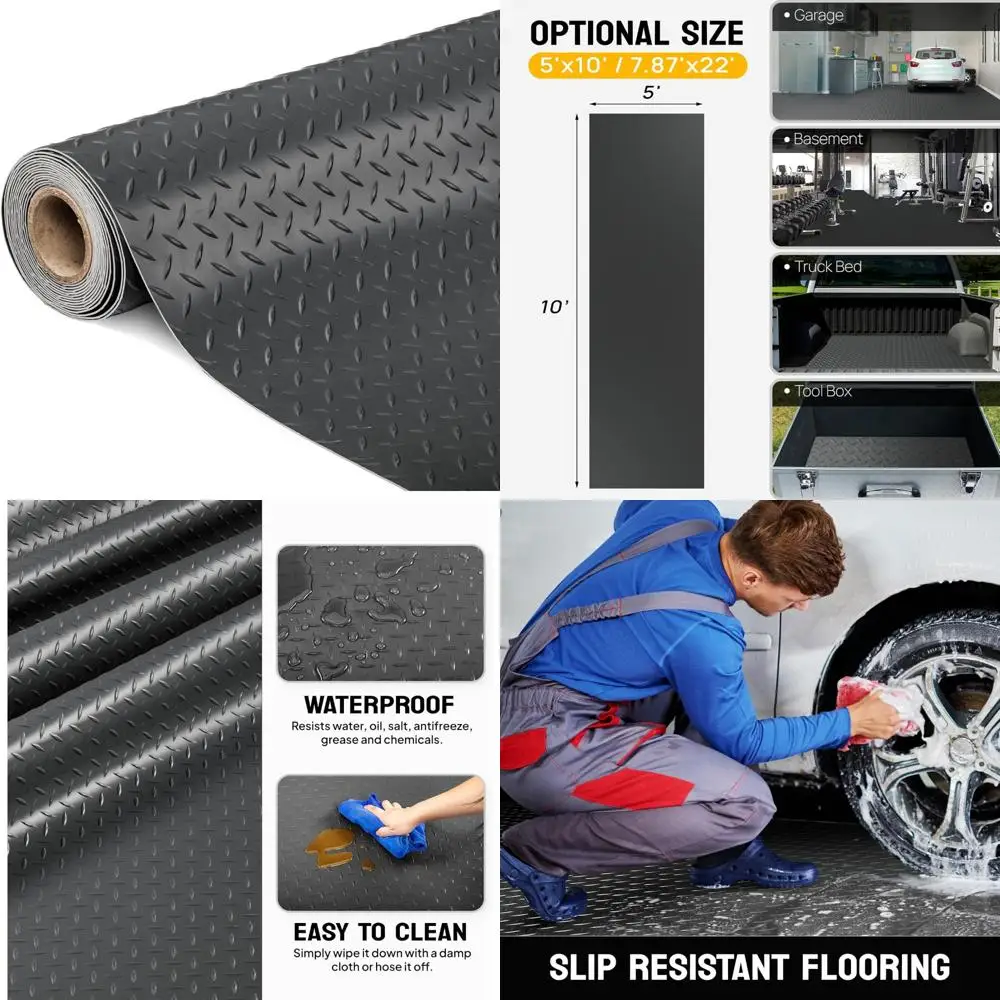 سجادات أرضية جراج PVC ذات لوحة ماسية سميكة - لفة أرضية 10 أقدام × 5 أقدام لمنطقة مواقف السيارات والمرآب