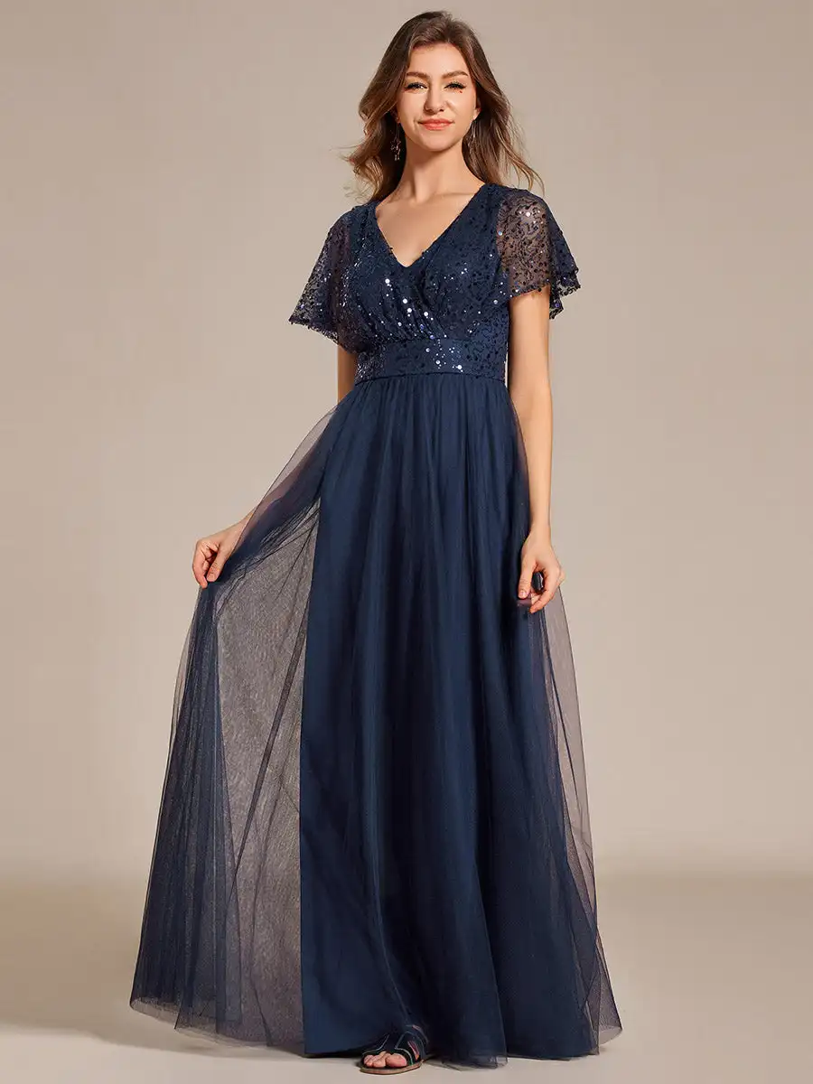 

Elegant Evening Dresses V Neck Ruffles Sleeve Empire Waist Tulle 2024 BAZIIINGAAA of A-Line Navy Blue Bridesmaids Dress