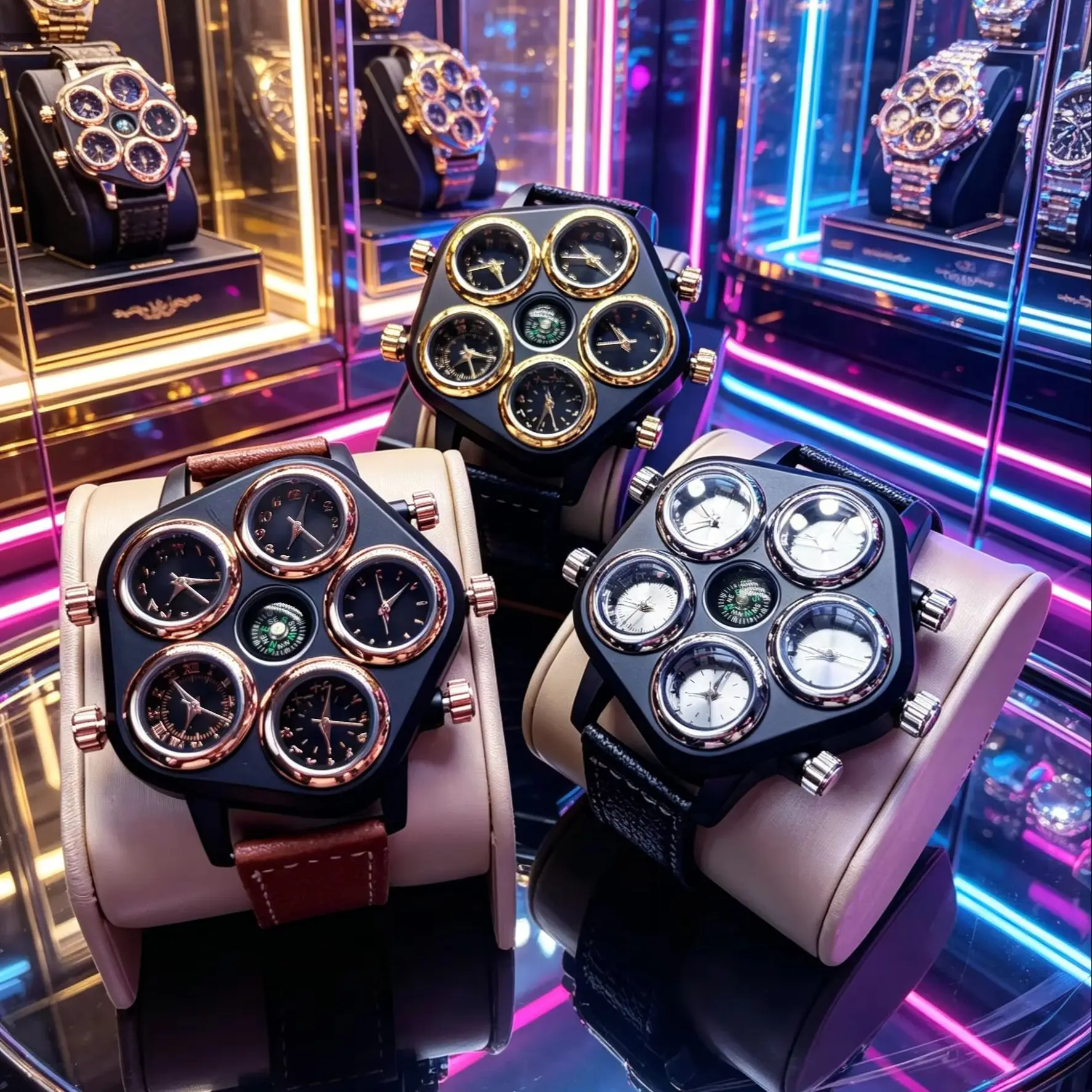 

Trendy European and American Style Men's Quartz Watch with Multiple Time Zones and Creative Design, Stylish and Cool Street Fashion Punk Style Men's Watch, Versatile for Business Casual and Everyday Wear, Waterproof and Luxurious Men's Casual Wristwatch