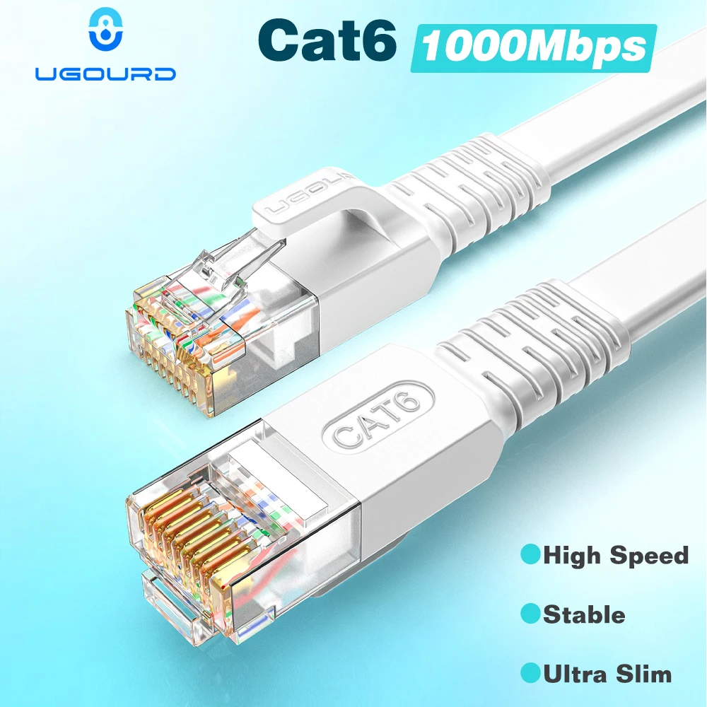 Câble Patch Cat6 Blanc UGOURD 1 Gbit/s Plat Ultra Fin 1,5 mm Cat 6 1000 Mbps RJ45 Cordon Réseau LAN 0,5m-5m 10m 30m pour PS5/4 Routeur
