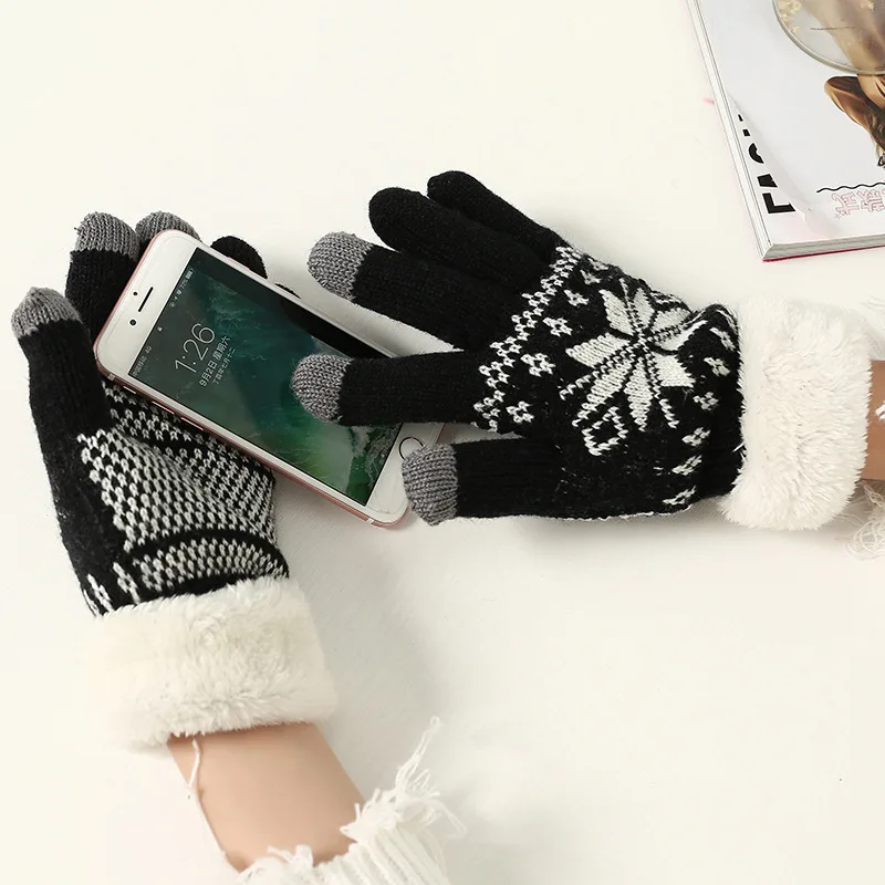 TZTOOZ  Thick Cashmere Two Layer Winter Gloves For Women Snowflake Knitted Pattern Full Finger Skiing & Touch screen Glove