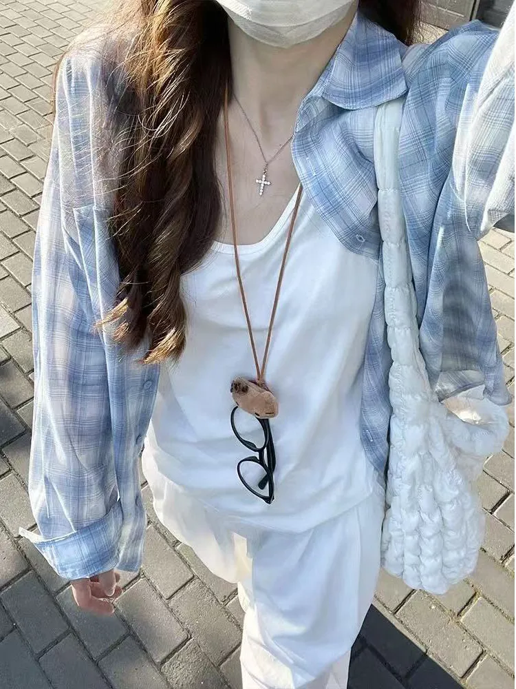 

Early Spring Plaid Shirt Women's Loose Casual Inner Wear Long Sleeve Outerwear Sun Protection Top Korean Style Button Detail