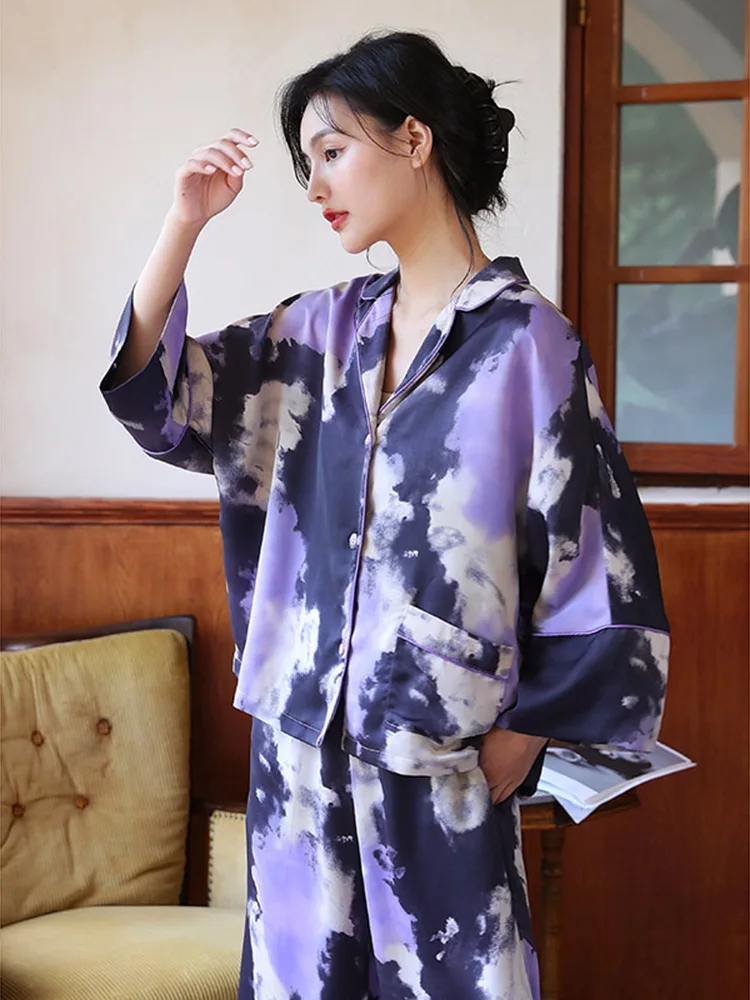 Women\'s Silk Pajamas Set Printed Purple Loose Long-Sleeve 2 Piece Sleepwear For Women Home Clothes Can Be Wear Outside Suits