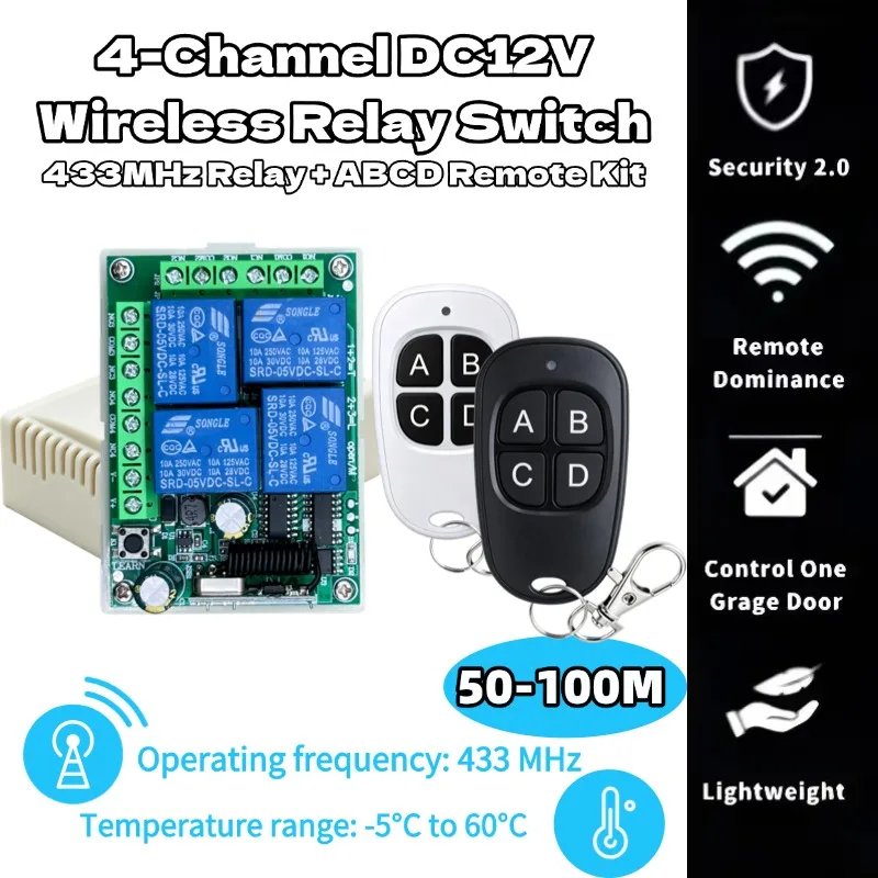 433Mhz Universal Wireless Remote Control Light Switch DC 12V 4CH RF Relay Receiver 60m Range for Light/Garage Door/LED DIY