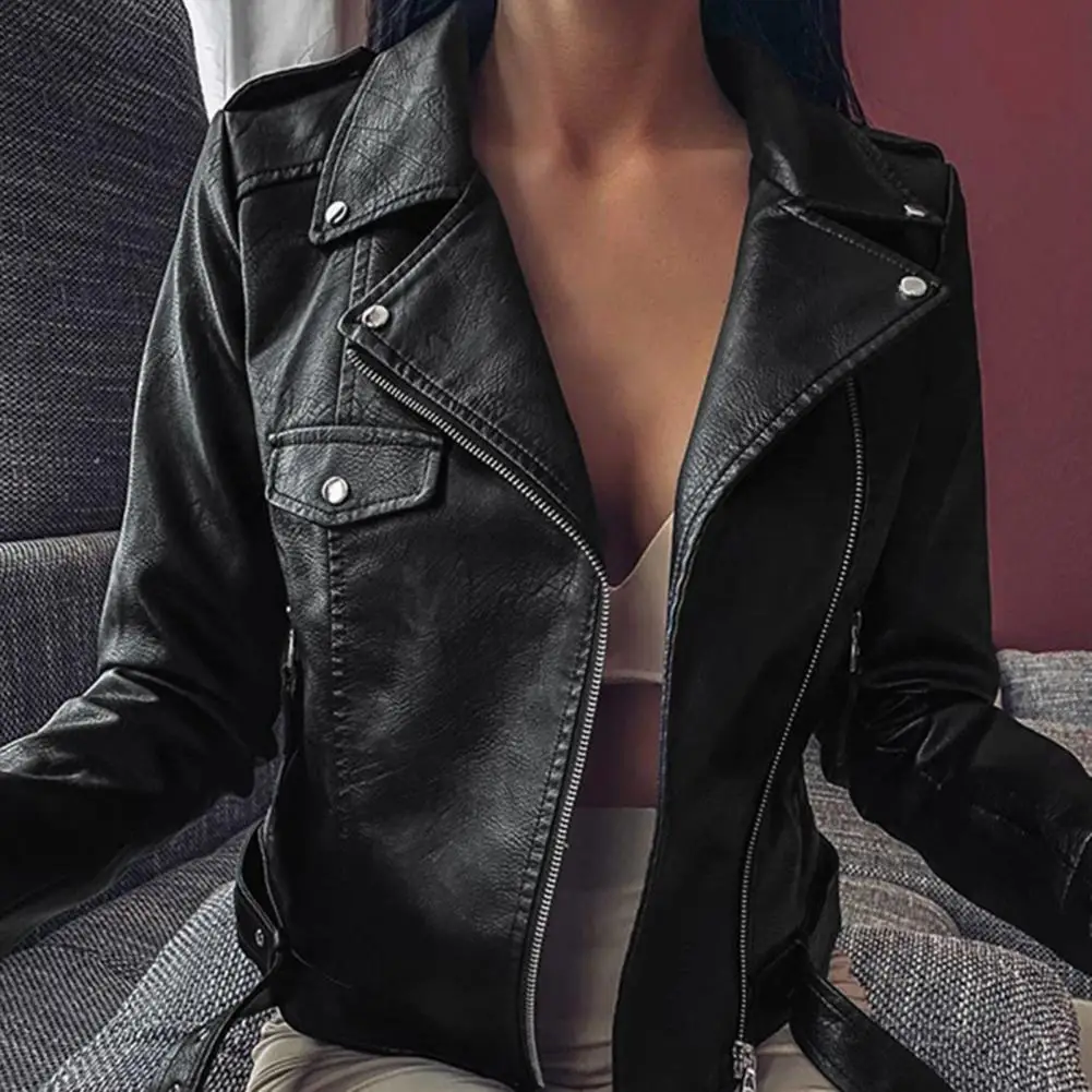 Veste de moto en similicuir pour femme, manteau court, col rabattu, manches longues, cardigan à fermeture éclair, coupe couvertes décontractée, streetwear