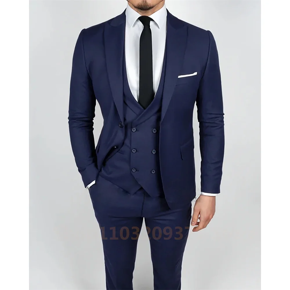 Navy Blue 2024 Men Suits Slim Fit 3 Pieces Best Men Wear Wedding Business Groom Tuxedos Blazer+Vest+Pants Costume Homme