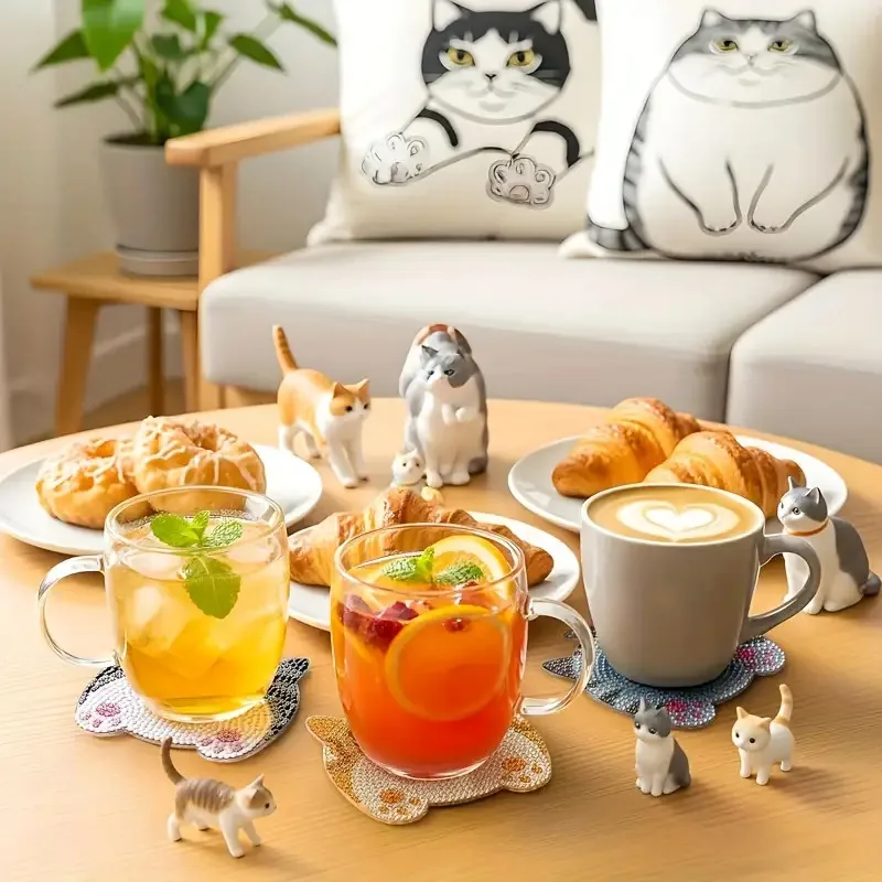 8-piece DIY Diamond Painting Wooden Cup Mat Set, Cute Animal Pattern Mosaic Tea Cup Mat with Bracket, Christmas Decoration Non s view 4