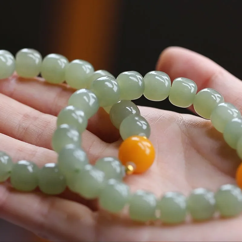 Natural Hetian Jade Bracelet with Clear Water Old Type Beads and Amber Single Circle Bracelet for Men and Women Gifts