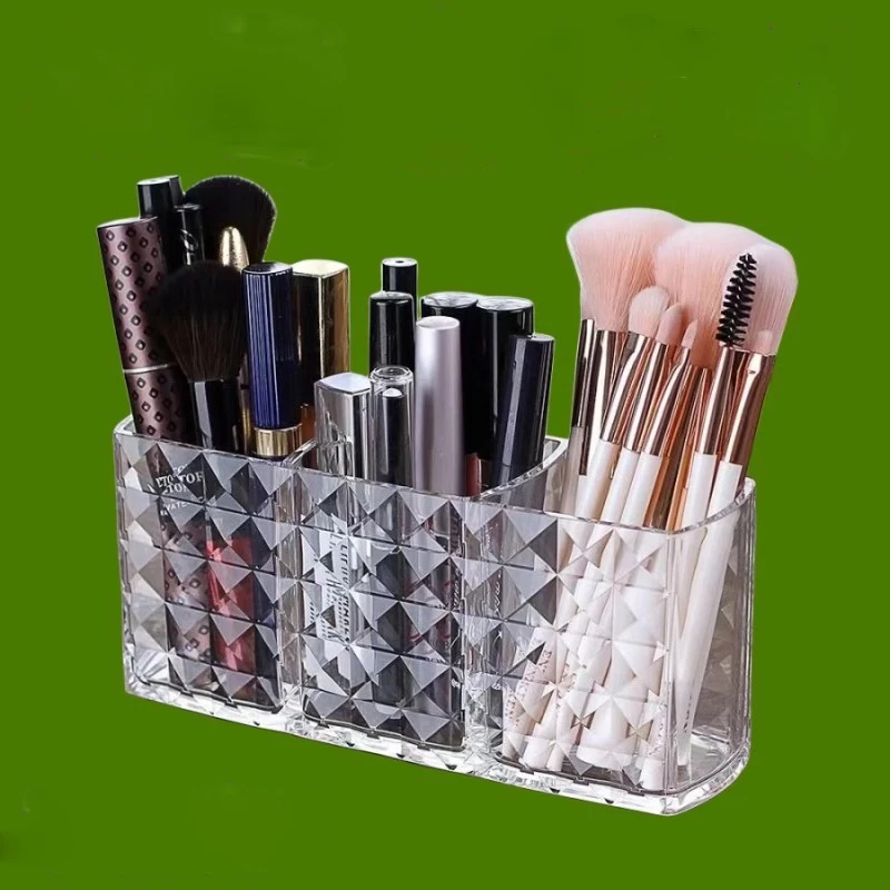 Makeup Brush Storage Box, Storage Cylinder, Three-Compartment Pen Holder, Transparent Acrylic Storage Pen Holder for Eyebrow Pen