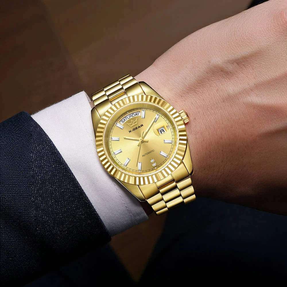 ساعة ميكانيكية أوتوماتيكية X-GEAR للرجال، ساعة فاخرة مقاومة للماء، ساعة عرض تقويمية مضيئة