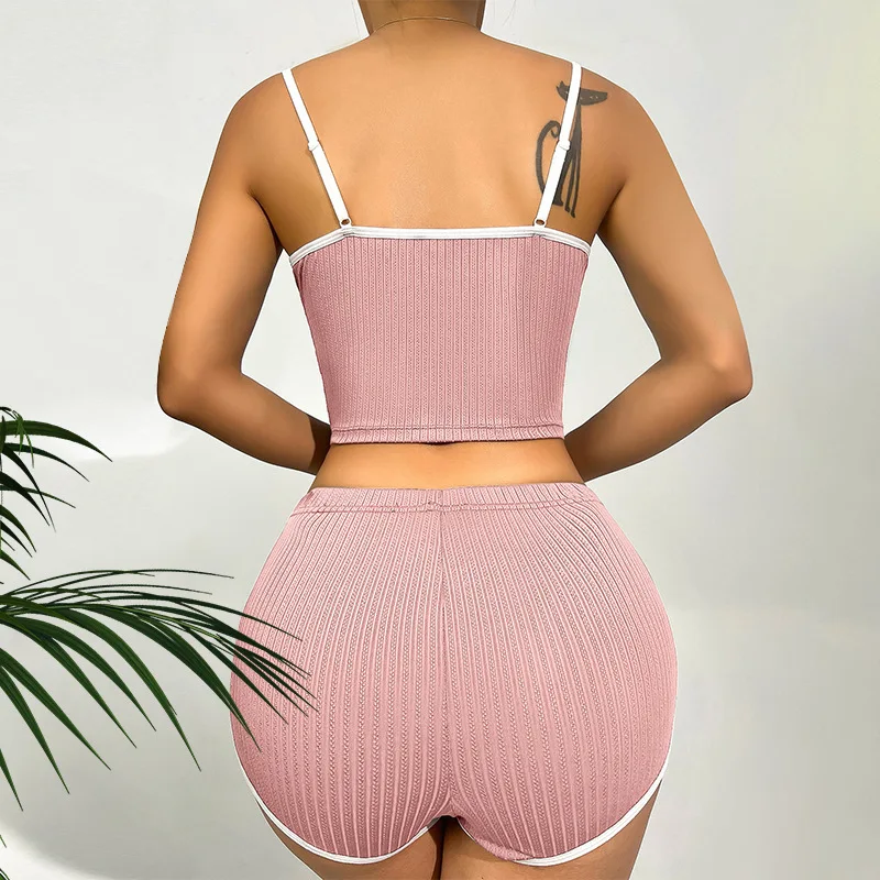 Summer Women Shorts Solid Pajamas Of Two Pieces Thin suspenders Casual Ribbed Homewear Elastic Girls Slim Fit Home Clothing