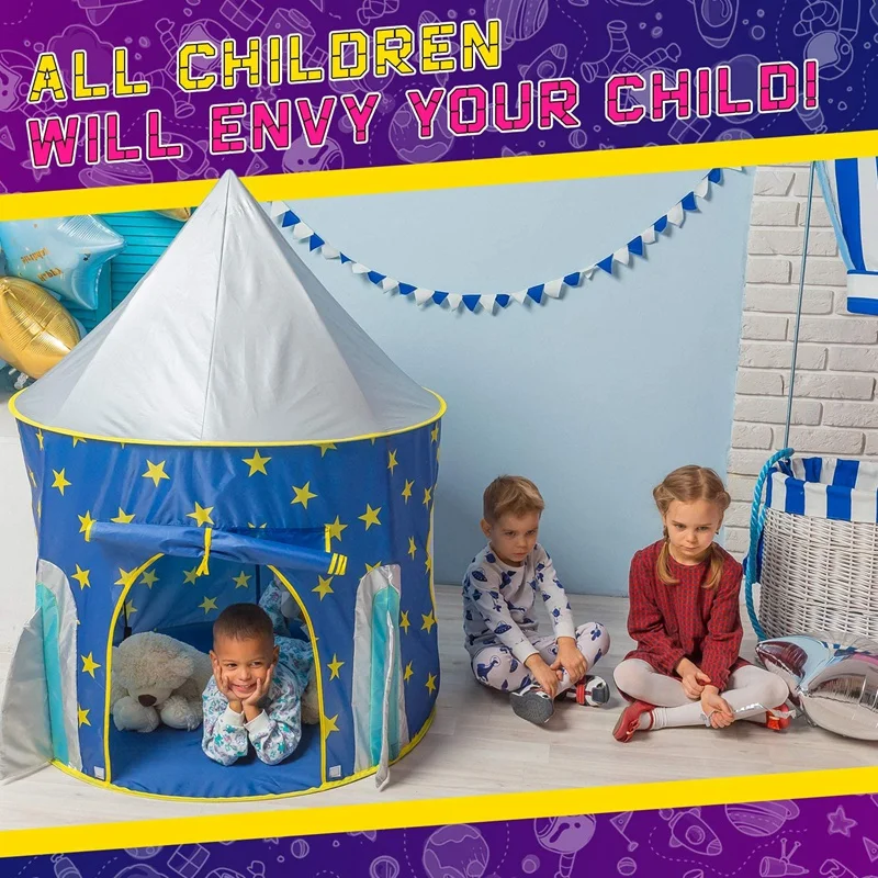 A49K-Kids Play Tent For Children Toys Space Rocket Tent Rocket Ship Play Tent Foldable Tent Best Gifts For Boys Girls Baby