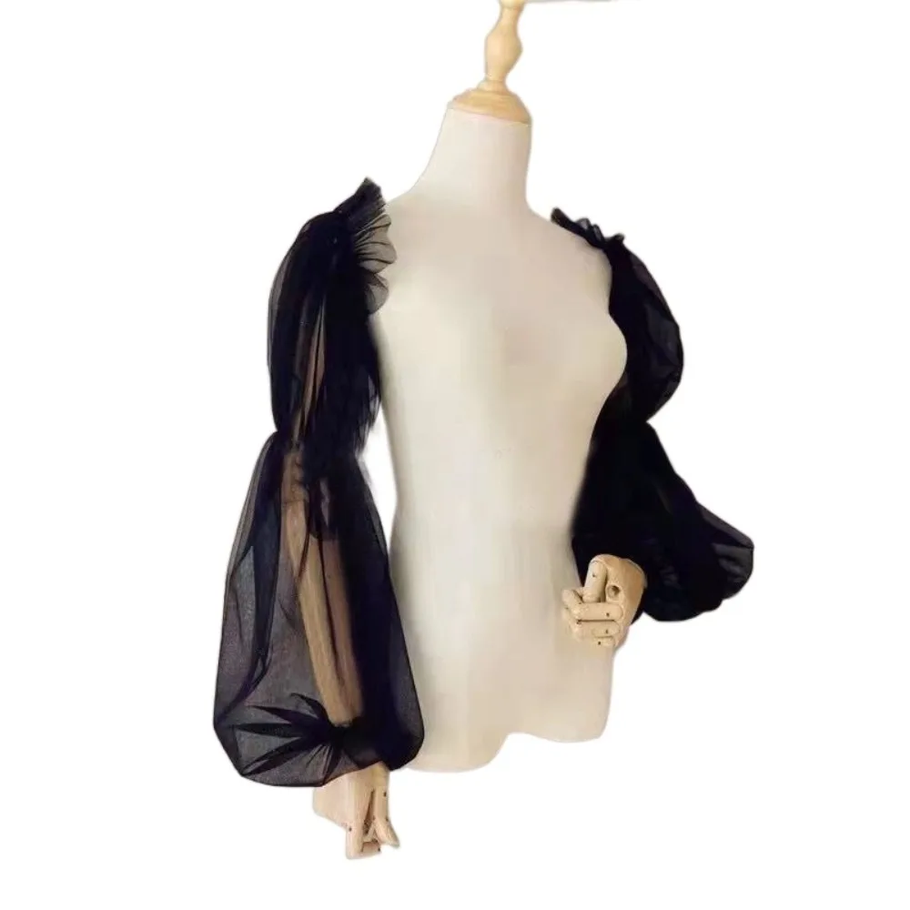 1 par de mangas de brazo transpirables elegantes, mangas finas de linterna de Color sólido, mangas holgadas de malla nupcial para mujer