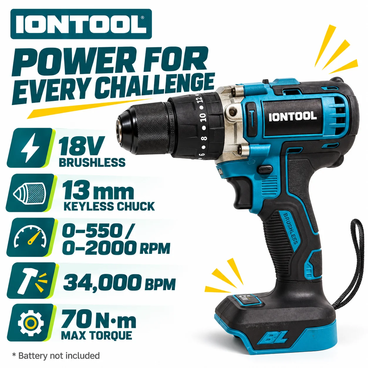 IONTOOL 18V Brushless Cordless Hammer Drill 70Nm 13mm Chuck 2 Speed 0-2000RPM 34000BPM Power Tool for Home DIY Repair