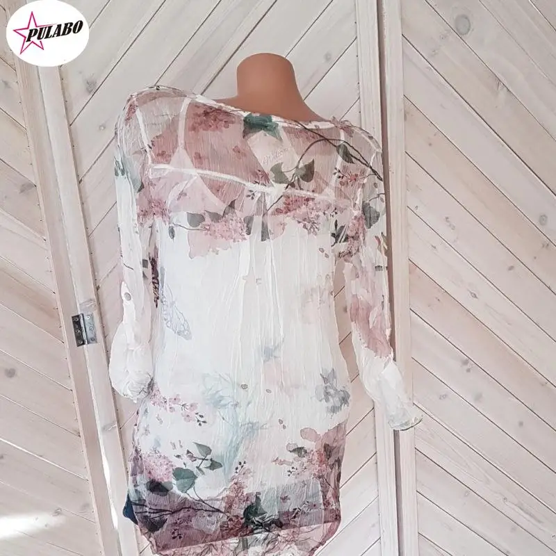 PULABO-Blusa casual com decote em v para mulheres, blusa manga comprida para senhoras, camisa estampada em botões, outono