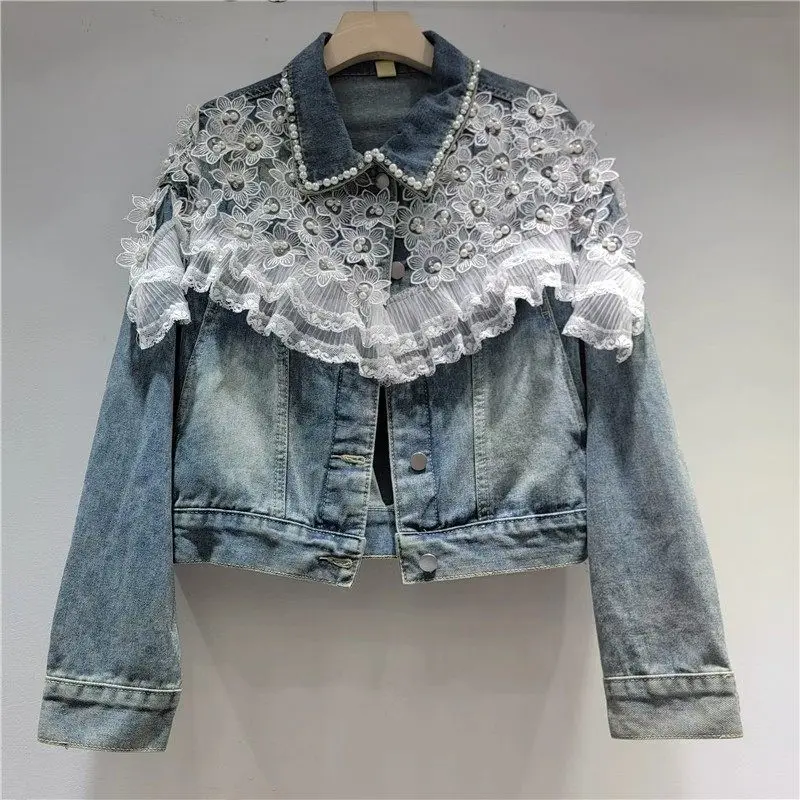 

Heavy Work Beading Lace Flower Patchwork Denim Jacket Women Casual Short Cowboy Outerwear Lapel Long Sleeve Jeans Jacket Coat