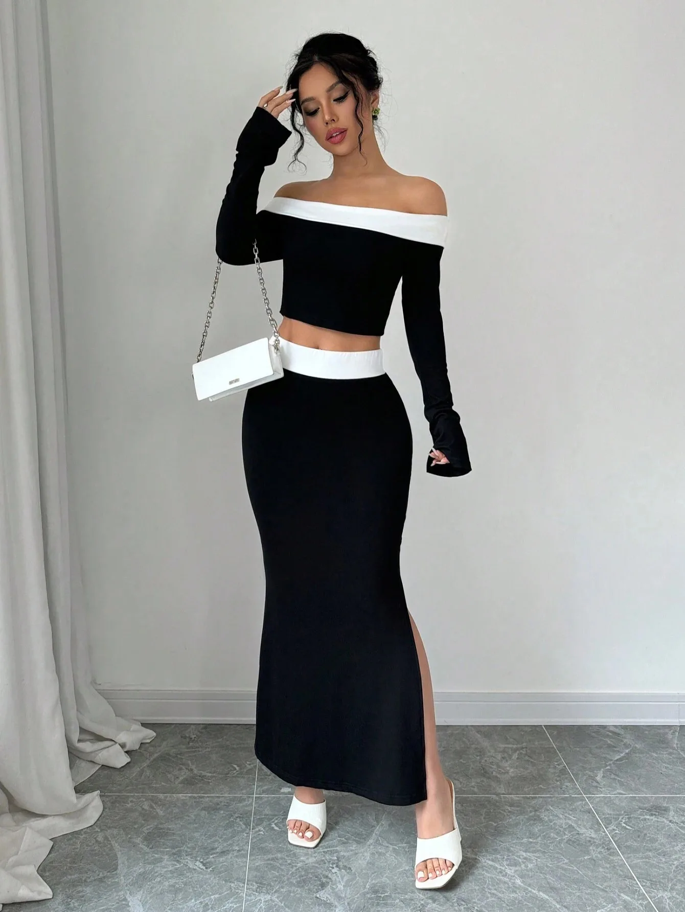 

2026 Spring New Women Sexy Off Shoulder Color Block Two Piece Dress Set Slim Fit High Waist Slit Skirt Fashion Outfits