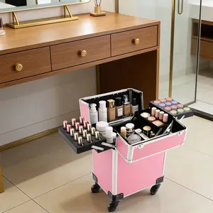 Pink Rolling Makeup Train Case Aluminum Cosmetic Trolley Case Professional Artist Lockable Beauty Salon Storage Case Waterproof Rustproof Multi-Layer Foldable Trays Detachable Wheels Dual Key Locks for Makeup Nail Hair Stylist Travel