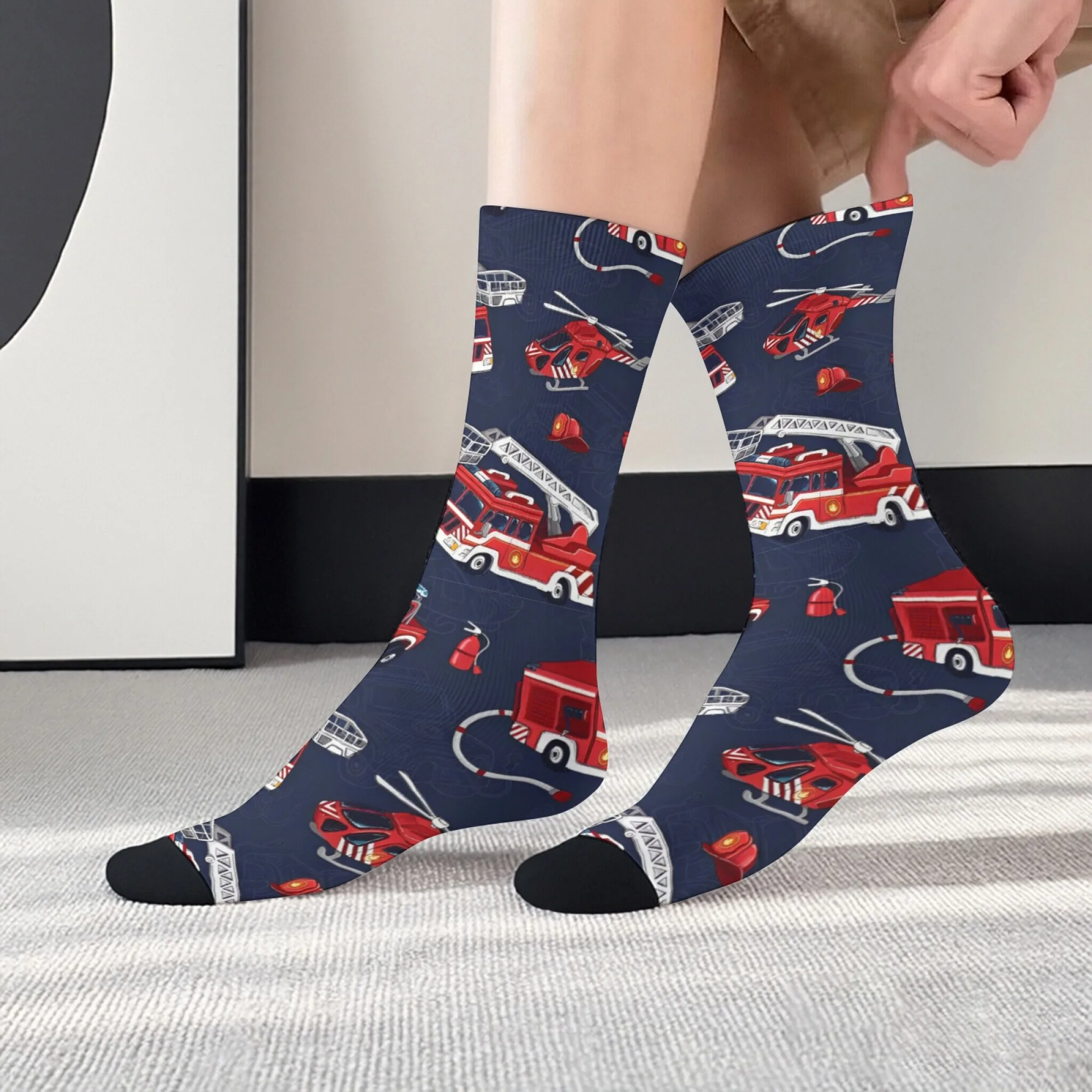 

Playful Hand-painted Fire Truck Print Men's Mid-calf Socks Children's Fire Theme Lively Soothing Blue Gift for Firefighters
