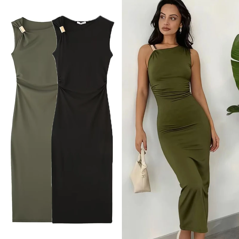 Femme Sexy sans manches longues robes asymétrique 2025 été taille robe serrée avec accessoires en métal femmes robes moulantes à volants