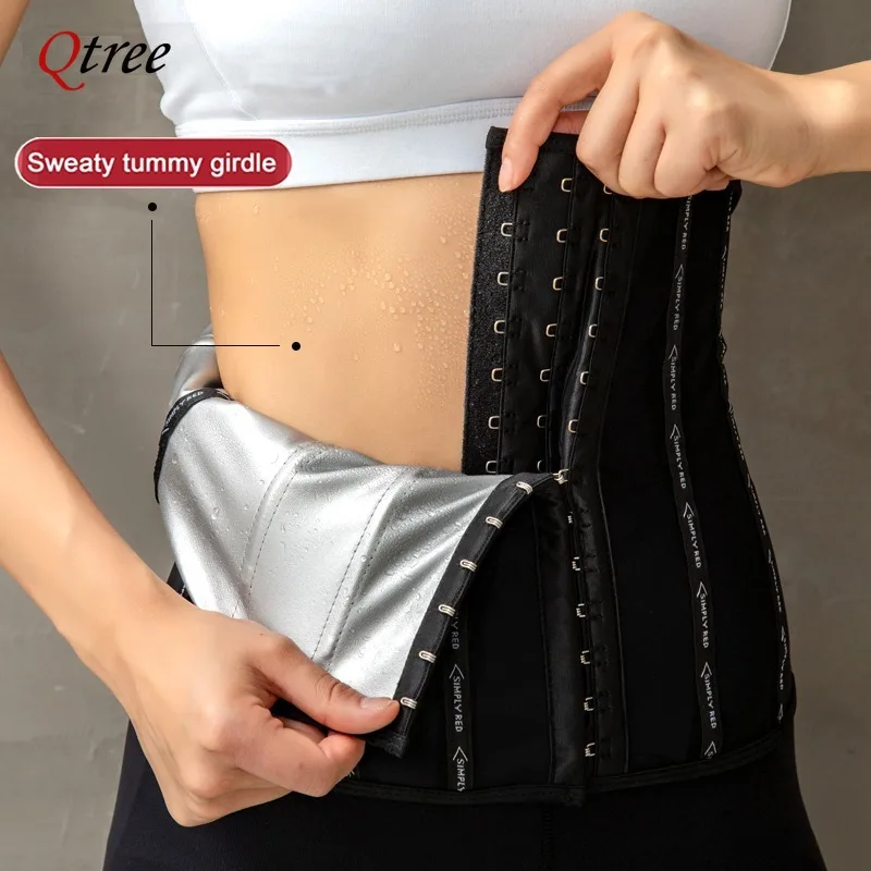 Qtree Sweat Fat Burner Waist Trainer Tummy Trimmer Belt Body Shaper Girdle Women Postpartum Slimming Hook Abdominal Sauna Corset