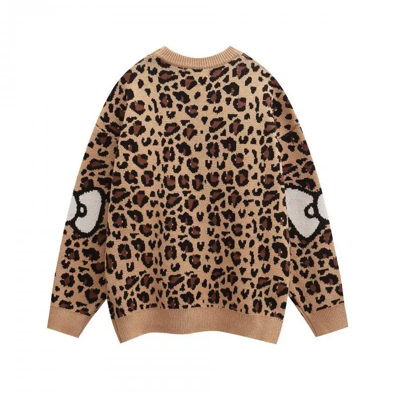 Hot Sanrio Retro Style Leopard Print Round Neck Sweater Autumn and Winter Kawaii Hello Kitty Comic Lovely Fashion Sweater Tops