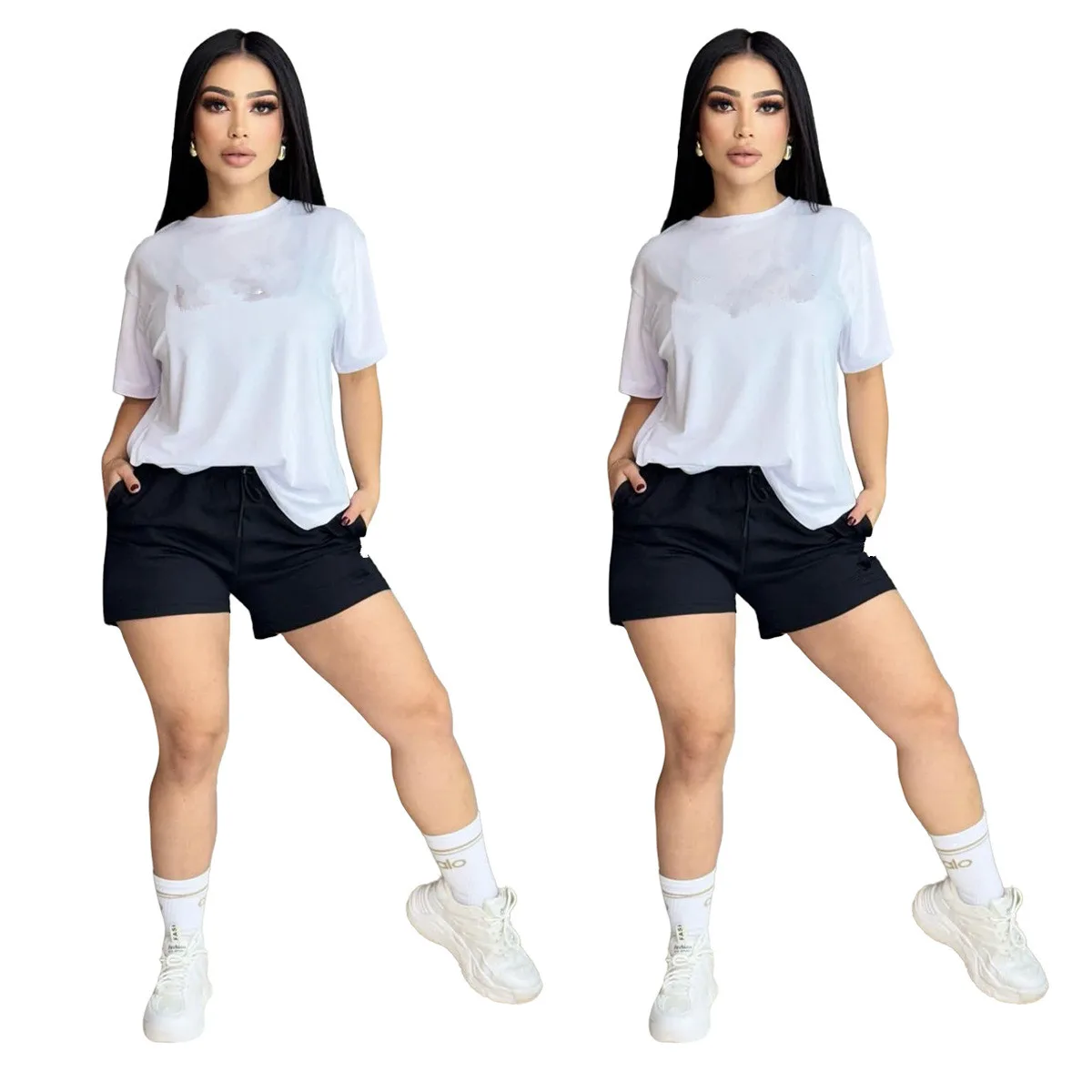 

J5139 European and American cross-border women's clothing, summer new black embroidered round-neck short-sleeve shorts set, in s