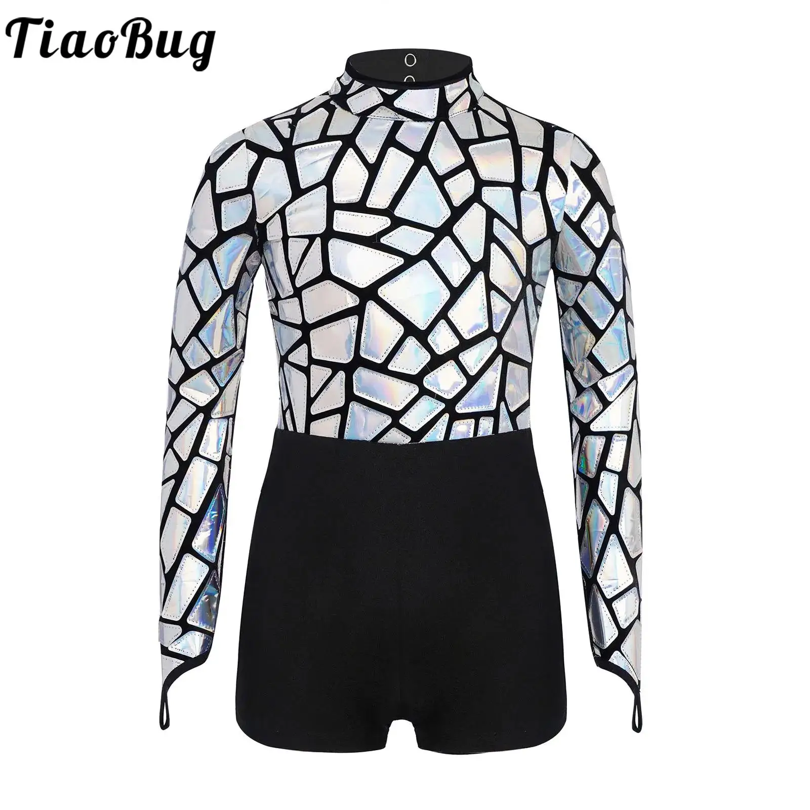 

Kids Girls Jazz Dance Costume Figure Skating Gymnastic Jumpsuit Long Sleeve Metallic Dance Leotards for Modern Dance Performance