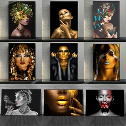 Modern Fashion Woman African Woman Art Canvas Painting Prints HD Pictures Black and Gold Portrait Wall Art Poster for Home Decor