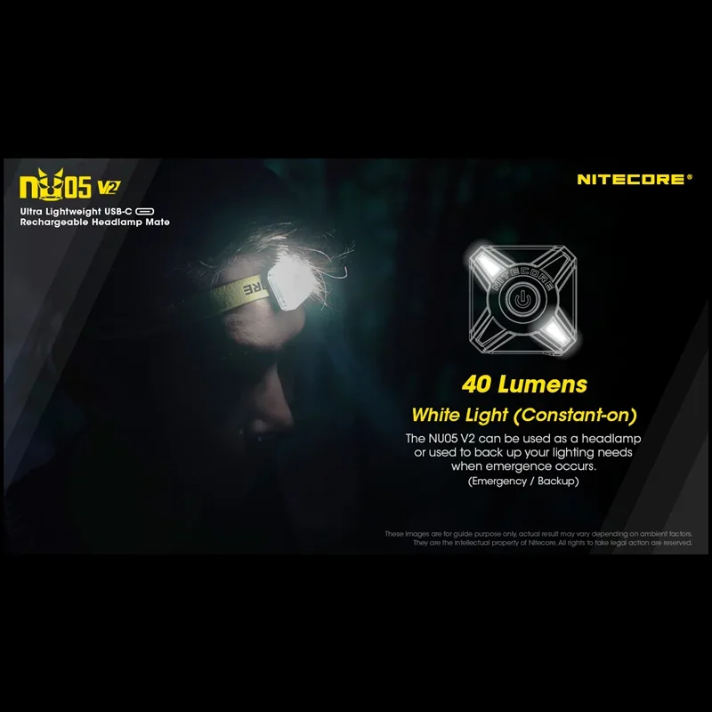 2022 New NITECORE NU05 V2 Headlamp 40Lumens Built-in Rechargeable Battery with Red Indicator+White Light