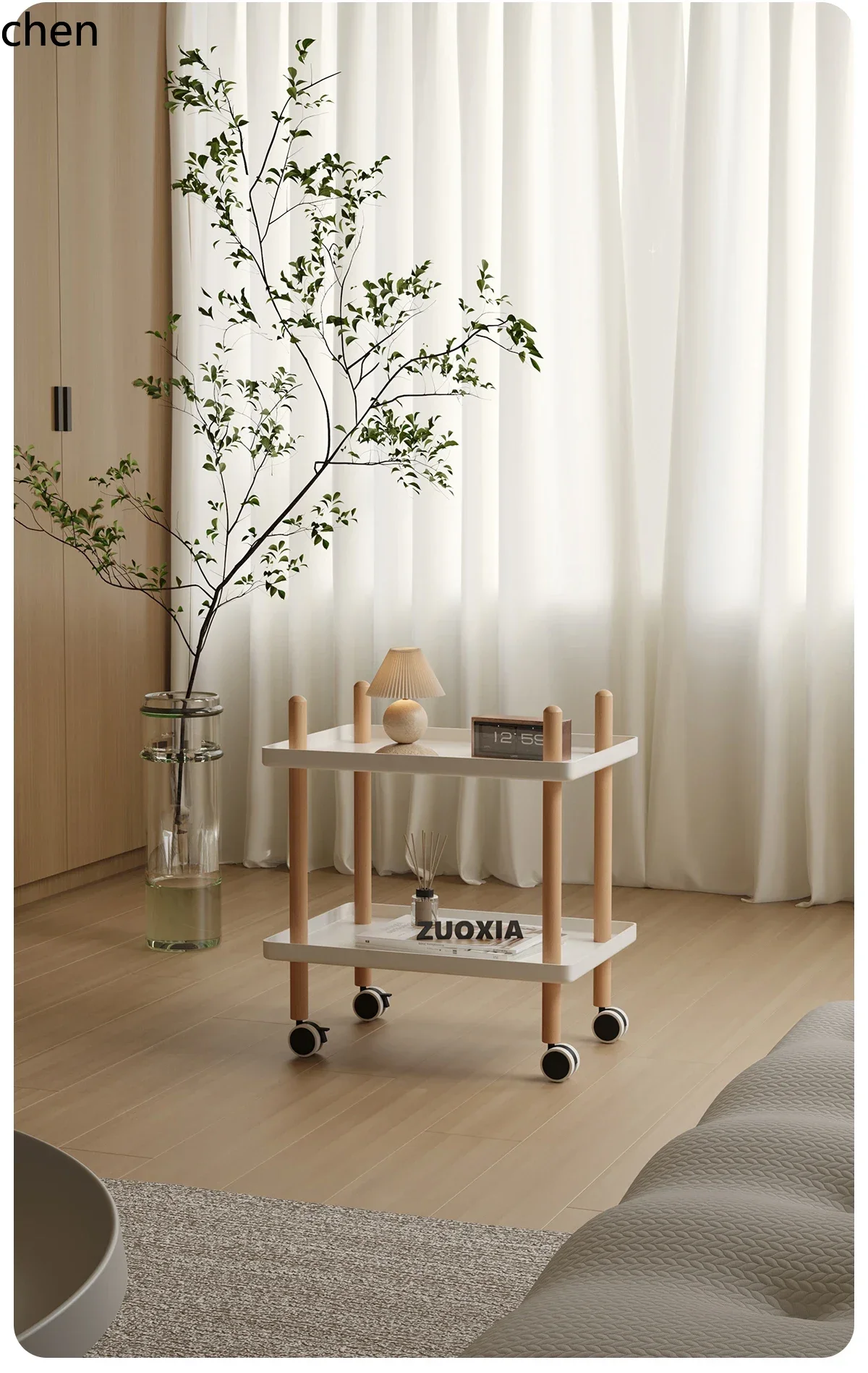 CP mobile coffee table mini side cabinet bedside table small apartment solid wood storage cart corner table