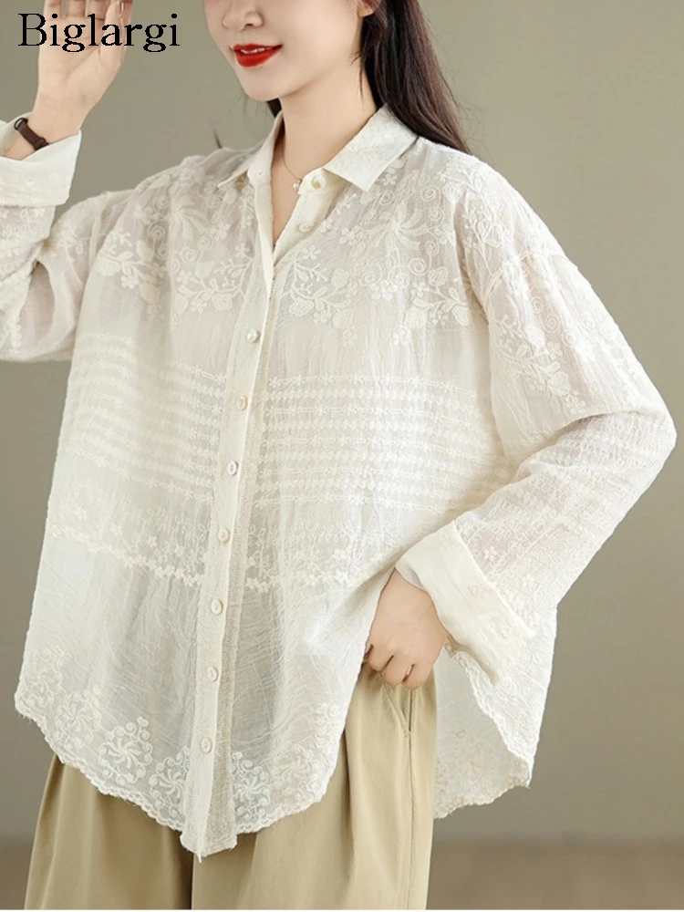 

Летние рубашки большого размера, женские кружевные модные женские блузки с вышивкой, повседневная свободная женская рубашка с длинным рукавом