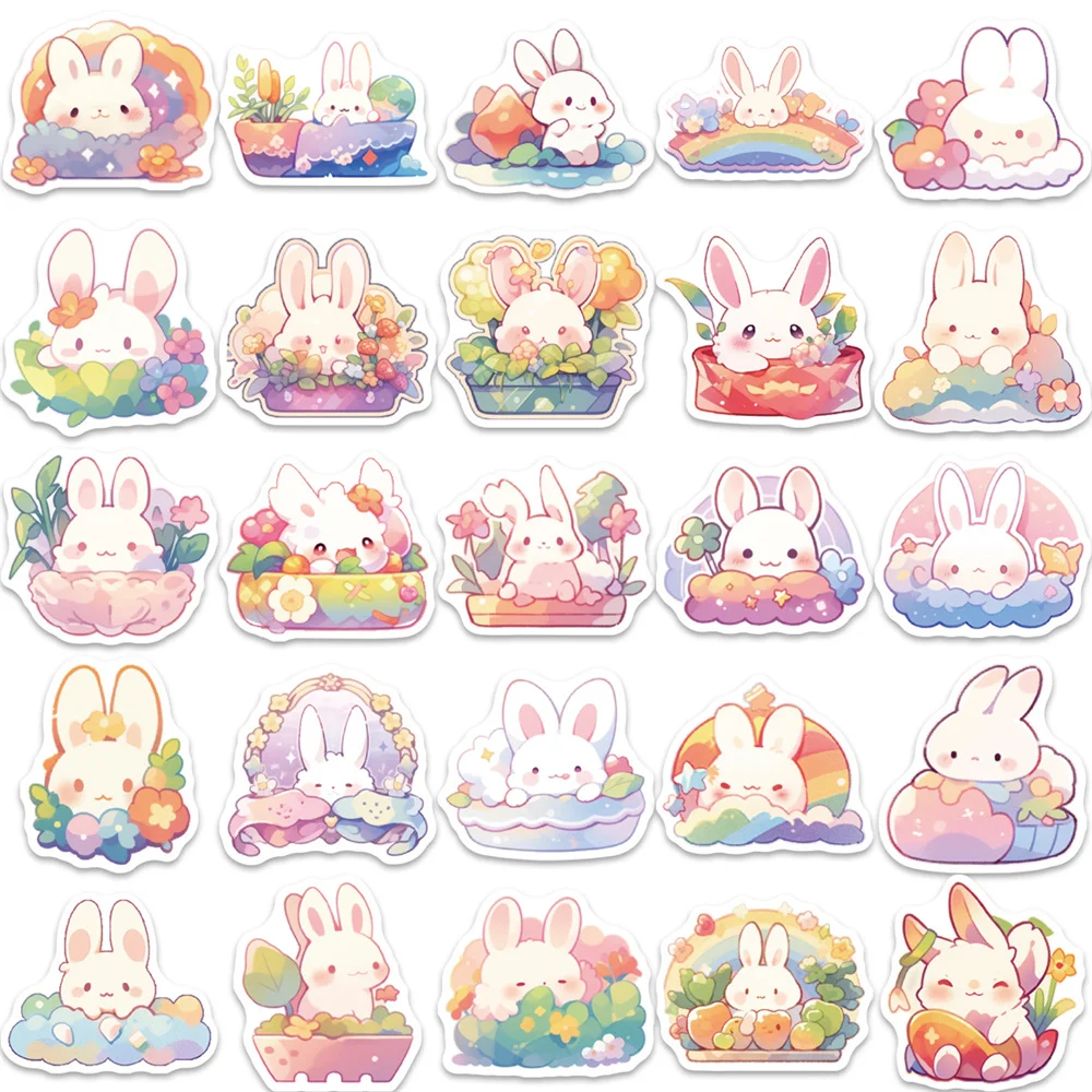 Cartoon Rainbow Rabbit Stickers for Children, Scrapbooking Material, Cute Stickers for Laptop, Suitcase, iPad, Phone, 50Pcs