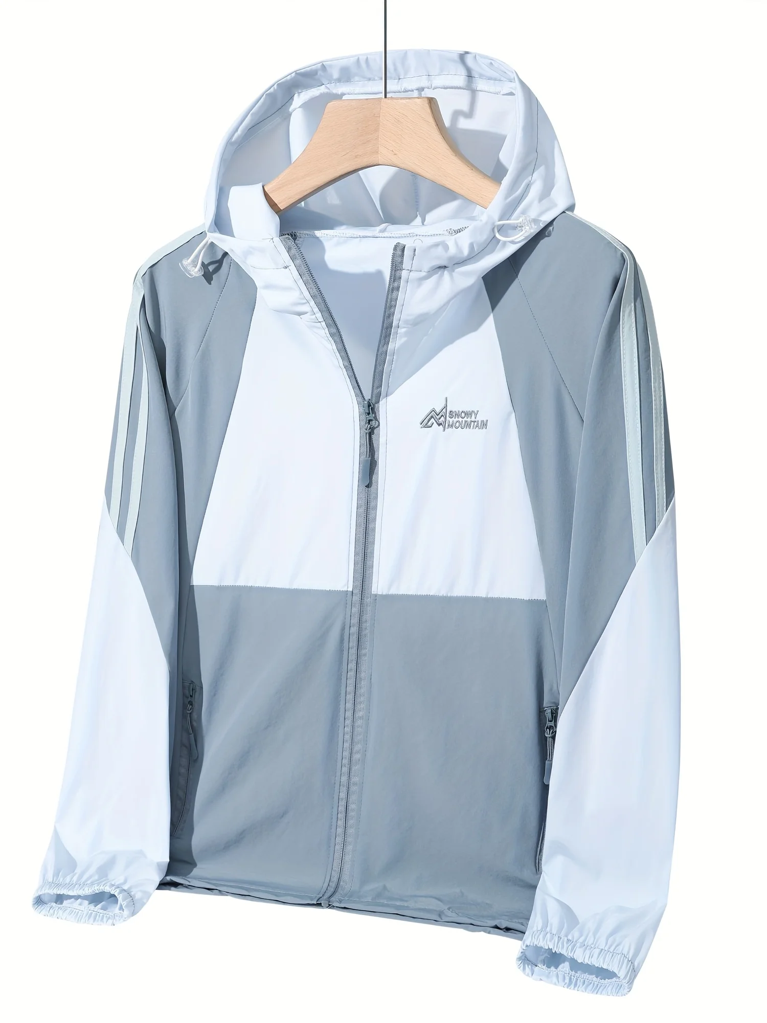 Ladies Summer Sun Protection Thin Jacket Zippered Pockets Embroidery Design Drawstring Hood And Hem for Outdoor Cycling Hiking