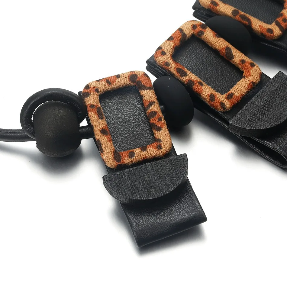 Leopard Geometric Rope Chain Statement Necklace Wood Beads Leather Pendants Necklaces for Women Vintage Handmade Fashion Jewelry